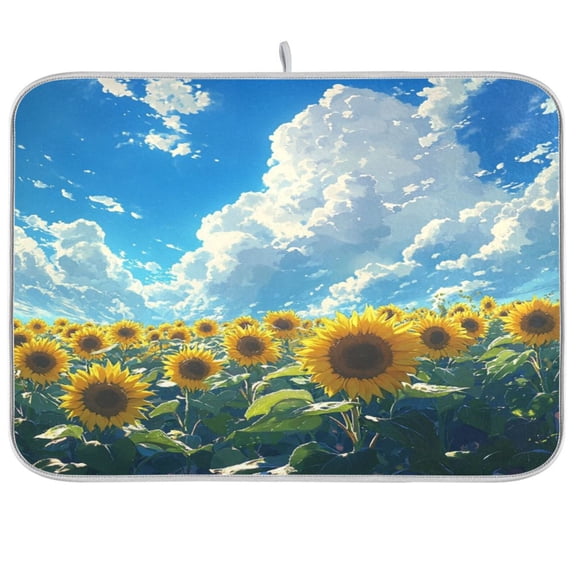 Dish Drying Mat for Kitchen Counter | Reversible, Super Absorbent & Hanging | 16x18 / 18x24 Inch (S/M)，Big Sunflowers