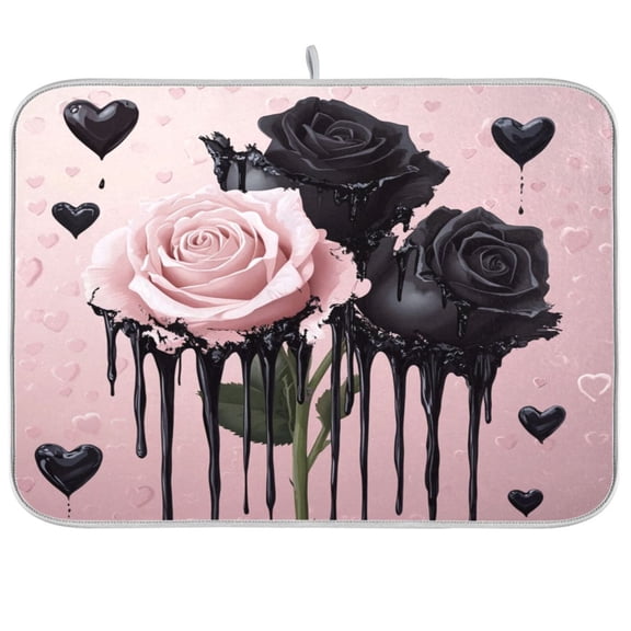 Dish Drying Mat for Kitchen Counter | Reversible, Super Absorbent & Hanging | 16x18 / 18x24 Inch (S/M),Black and Pink Roses