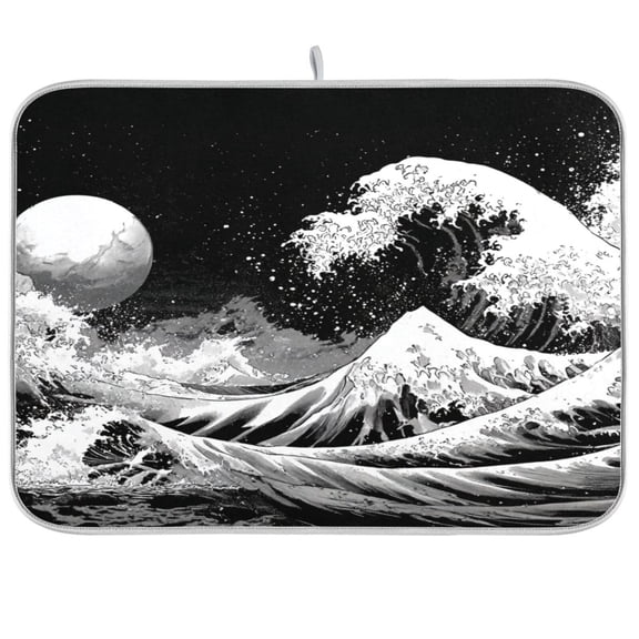 Dish Drying Mat for Kitchen Counter | Reversible, Super Absorbent & Hanging | 16x18 / 18x24 Inch (S/M),Black and White Depicting