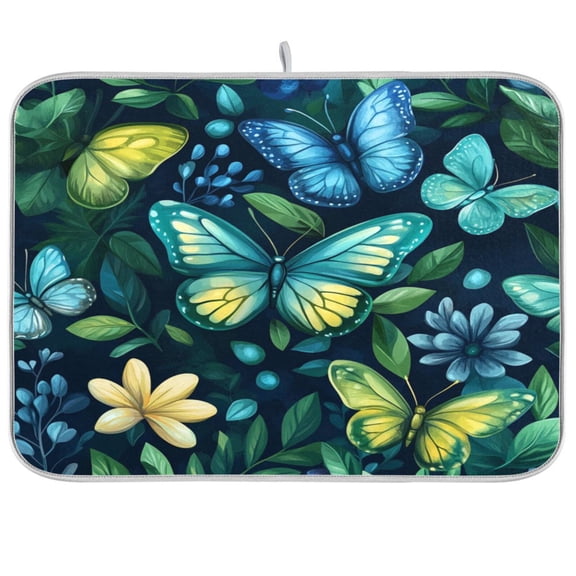 Dish Drying Mat for Kitchen Counter | Reversible, Super Absorbent & Hanging | 16x18 / 18x24 Inch (S/M),Blue Butterflies
