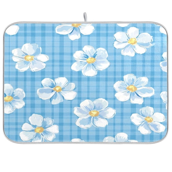 Dish Drying Mat for Kitchen Counter | Reversible, Super Absorbent & Hanging | 16x18 / 18x24 Inch (S/M),Blue Gingham Flowers
