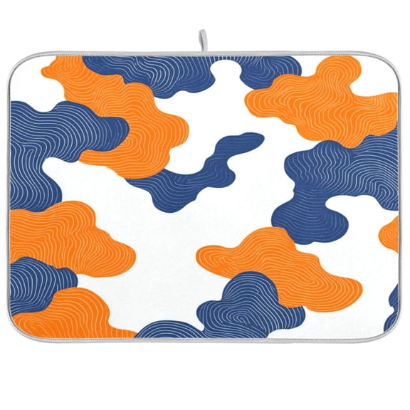 Dish Drying Mat for Kitchen Counter | Reversible, Super Absorbent & Hanging | 16x18 / 18x24 Inch (S/M)，Blue and Orange Cloud