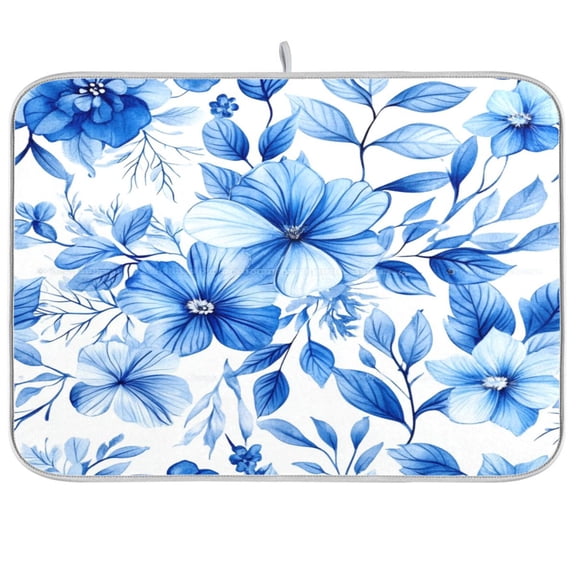 Dish Drying Mat for Kitchen Counter | Reversible, Super Absorbent & Hanging | 16x18 / 18x24 Inch (S/M),Blue and White Floral