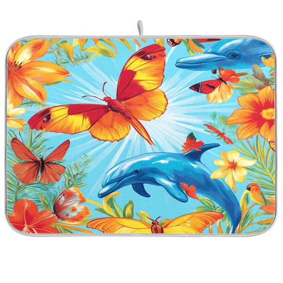 Dish Drying Mat for Kitchen Counter | Reversible, Super Absorbent & Hanging | 16x18 / 18x24 Inch (S/M),Butterflies
