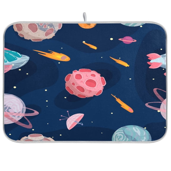Dish Drying Mat for Kitchen Counter | Reversible, Super Absorbent & Hanging | 16x18 / 18x24 Inch (S/M)，Cartoon Planets