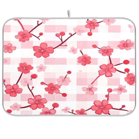 Dish Drying Mat for Kitchen Counter | Reversible, Super Absorbent & Hanging | 16x18 / 18x24 Inch (S/M)，Cherry Checkered Pattern