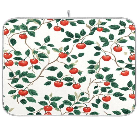 Dish Drying Mat for Kitchen Counter | Reversible, Super Absorbent & Hanging | 16x18 / 18x24 Inch (S/M)，Cherry Pattern
