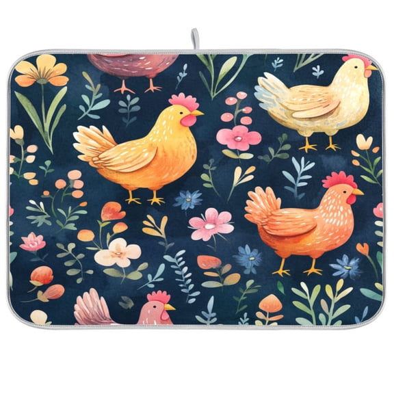 Dish Drying Mat for Kitchen Counter | Reversible, Super Absorbent & Hanging | 16x18 / 18x24 Inch (S/M),Chickens and Flowers