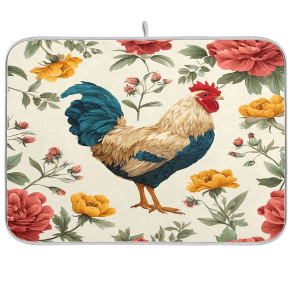 Dish Drying Mat for Kitchen Counter | Reversible, Super Absorbent & Hanging | 16x18 / 18x24 Inch (S/M),Chickens and Flowers