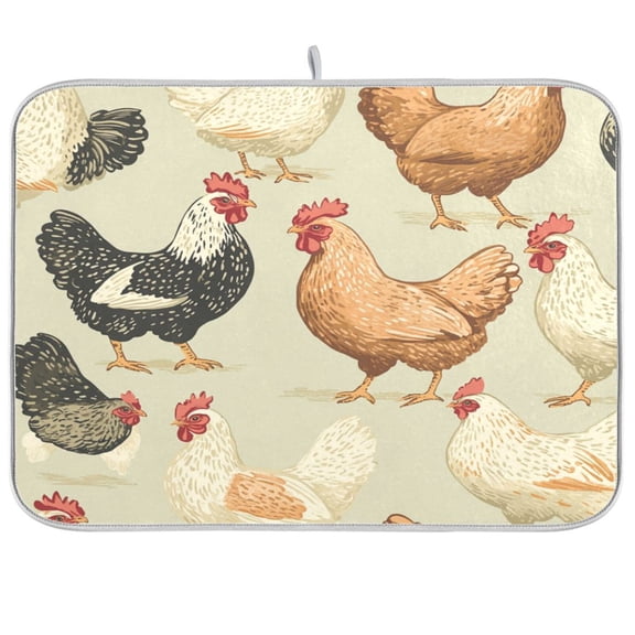 Dish Drying Mat for Kitchen Counter | Reversible, Super Absorbent & Hanging | 16x18 / 18x24 Inch (S/M)，Chickens