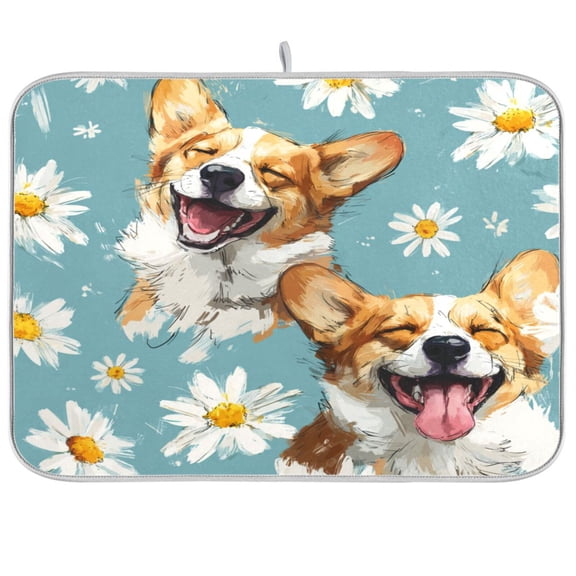 Dish Drying Mat for Kitchen Counter | Reversible, Super Absorbent & Hanging | 16x18 / 18x24 Inch (S/M)，Corgi Dogs