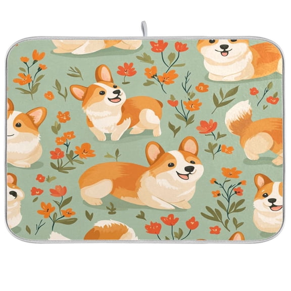 Dish Drying Mat for Kitchen Counter | Reversible, Super Absorbent & Hanging | 16x18 / 18x24 Inch (S/M)，Corgi Dogs