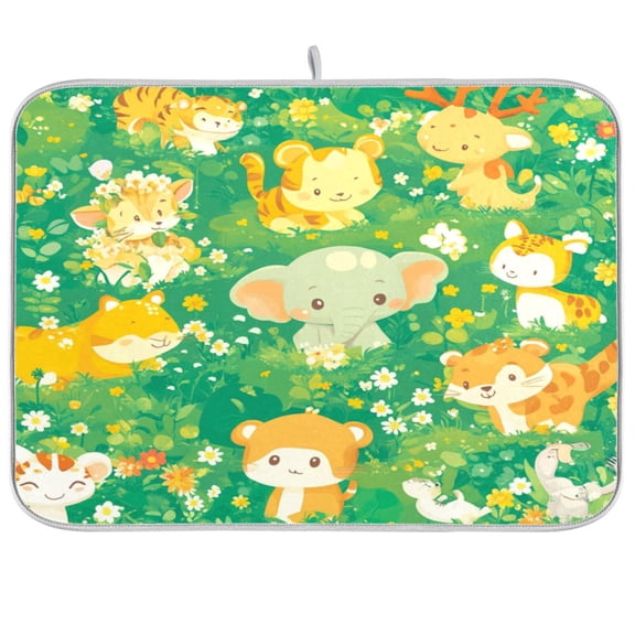 Dish Drying Mat for Kitchen Counter | Reversible, Super Absorbent & Hanging | 16x18 / 18x24 Inch (S/M),Cute Cartoon Animals