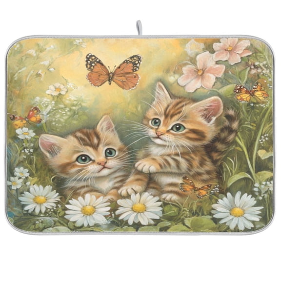 Dish Drying Mat for Kitchen Counter | Reversible, Super Absorbent & Hanging | 16x18 / 18x24 Inch (S/M)，Cute Cats