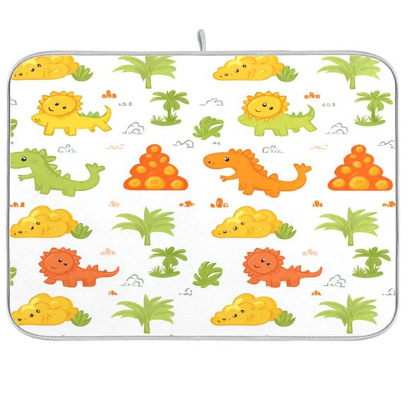 Dish Drying Mat for Kitchen Counter | Reversible, Super Absorbent & Hanging | 16x18 / 18x24 Inch (S/M),Cute Dinos