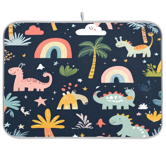 Dish Drying Mat for Kitchen Counter | Reversible, Super Absorbent & Hanging | 16x18 / 18x24 Inch (S/M),Cute Dinosaurs Rainbows