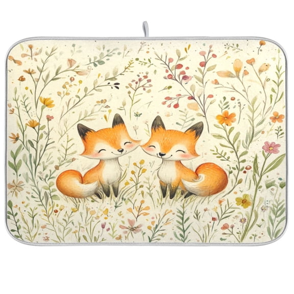 Dish Drying Mat for Kitchen Counter | Reversible, Super Absorbent & Hanging | 16x18 / 18x24 Inch (S/M)，Cute Foxes