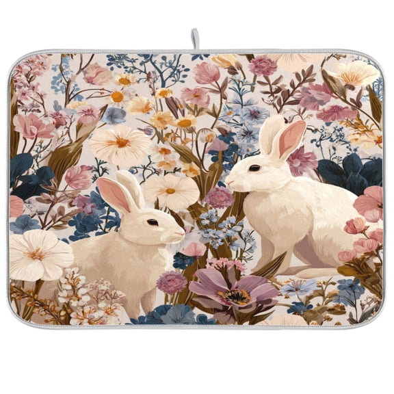 Dish Drying Mat for Kitchen Counter | Reversible, Super Absorbent & Hanging | 16x18 / 18x24 Inch (S/M)，Cute Rabbits