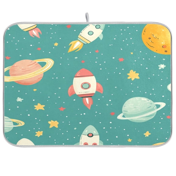 Dish Drying Mat for Kitchen Counter | Reversible, Super Absorbent & Hanging | 16x18 / 18x24 Inch (S/M),Cute Space-themed Elements