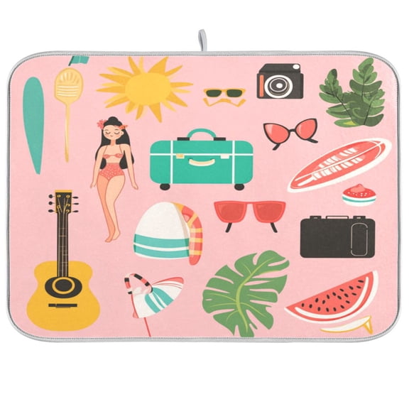 Dish Drying Mat for Kitchen Counter | Reversible, Super Absorbent & Hanging | 16x18 / 18x24 Inch (S/M)，Cute Summer Elements