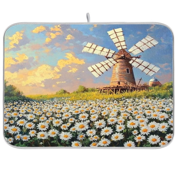Dish Drying Mat for Kitchen Counter | Reversible, Super Absorbent & Hanging | 16x18 / 18x24 Inch (S/M)，Daisies Everywhere