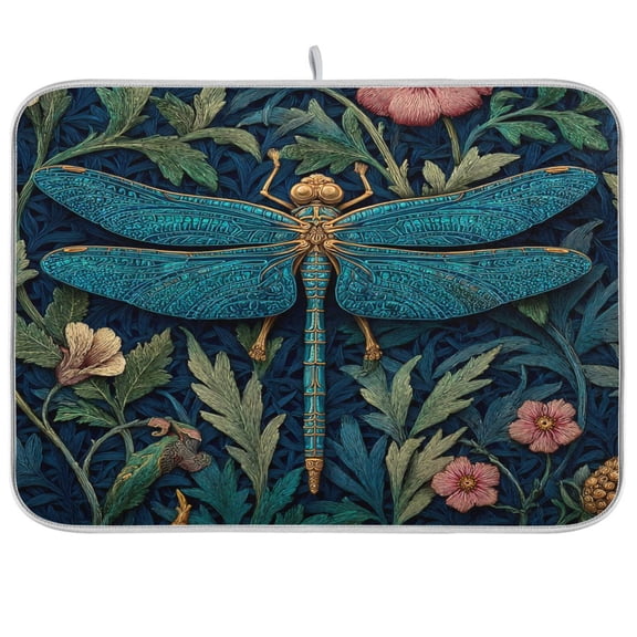 Dish Drying Mat for Kitchen Counter | Reversible, Super Absorbent & Hanging | 16x18 / 18x24 Inch (S/M),Dragonfly