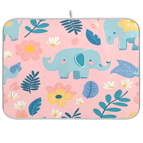 Dish Drying Mat for Kitchen Counter | Reversible, Super Absorbent & Hanging | 16x18 / 18x24 Inch (S/M)，Elephants