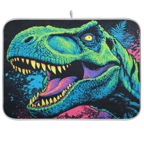 Dish Drying Mat for Kitchen Counter | Reversible, Super Absorbent & Hanging | 16x18 / 18x24 Inch (S/M),Green Dinosaurs