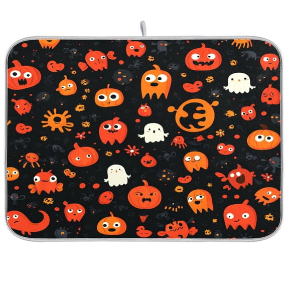 Dish Drying Mat for Kitchen Counter | Reversible, Super Absorbent & Hanging | 16x18 / 18x24 Inch (S/M)，Halloween Icons