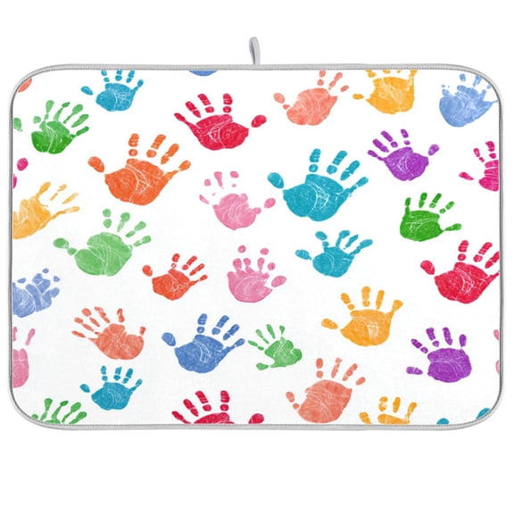 Dish Drying Mat for Kitchen Counter | Reversible, Super Absorbent & Hanging | 16x18 / 18x24 Inch (S/M)，Handprints and Footprints