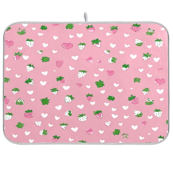 Dish Drying Mat for Kitchen Counter | Reversible, Super Absorbent & Hanging | 16x18 / 18x24 Inch (S/M)，Hearts and Straberry