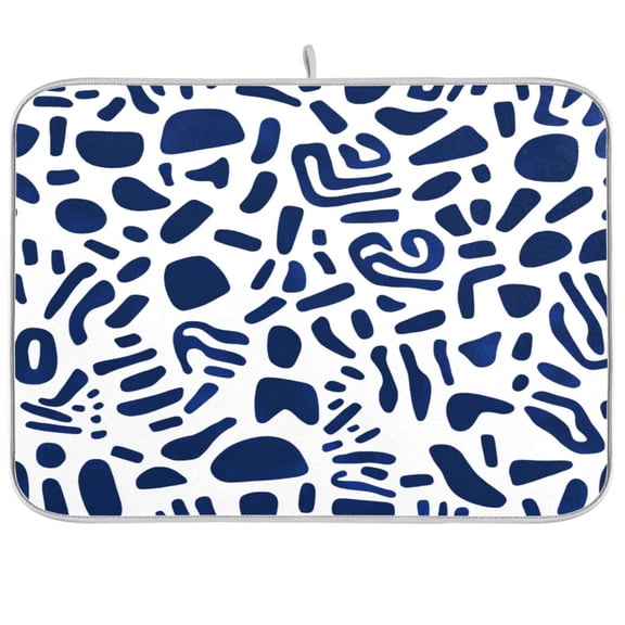 Dish Drying Mat for Kitchen Counter | Reversible, Super Absorbent & Hanging | 16x18 / 18x24 Inch (S/M),Indigo Shapes