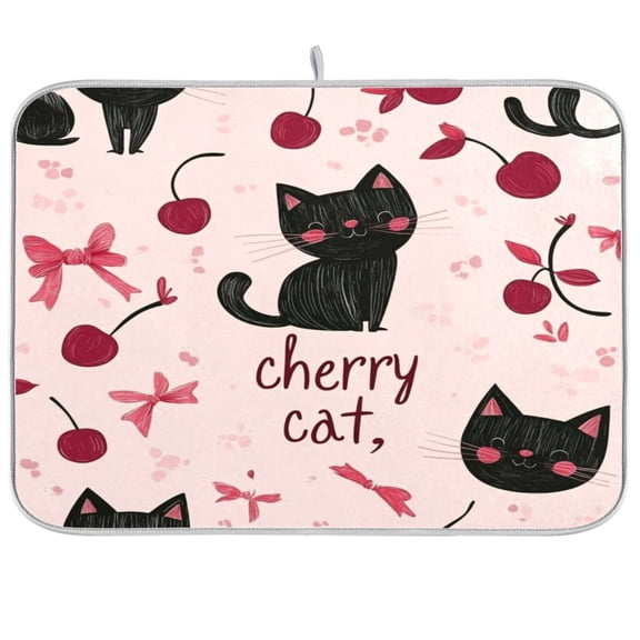 Dish Drying Mat for Kitchen Counter | Reversible, Super Absorbent & Hanging | 16x18 / 18x24 Inch (S/M),Many Cherry Cats
