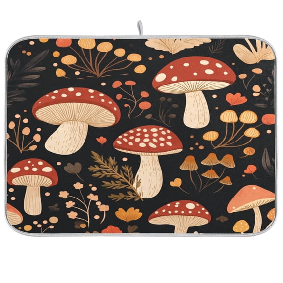 Dish Drying Mat for Kitchen Counter | Reversible, Super Absorbent & Hanging | 16x18 / 18x24 Inch (S/M),Many Mushrooms