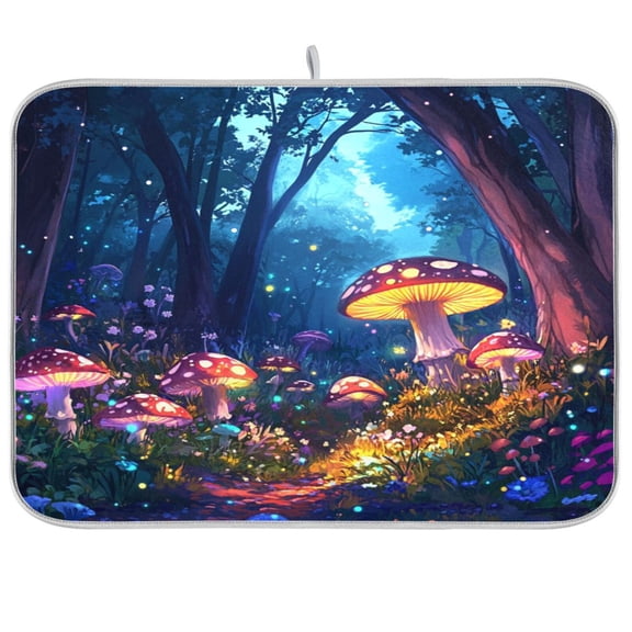 Dish Drying Mat for Kitchen Counter | Reversible, Super Absorbent & Hanging | 16x18 / 18x24 Inch (S/M),Many Mushrooms