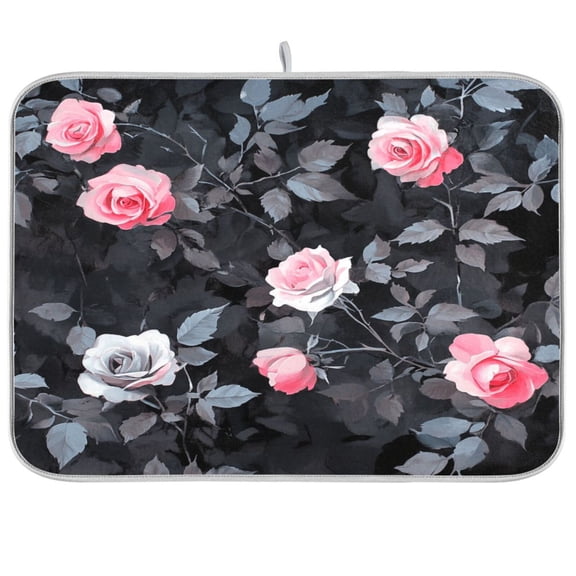 Dish Drying Mat for Kitchen Counter | Reversible, Super Absorbent & Hanging | 16x18 / 18x24 Inch (S/M),Many Pink Roses