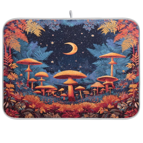 Dish Drying Mat for Kitchen Counter | Reversible, Super Absorbent & Hanging | 16x18 / 18x24 Inch (S/M),Mushrooms and Ferns