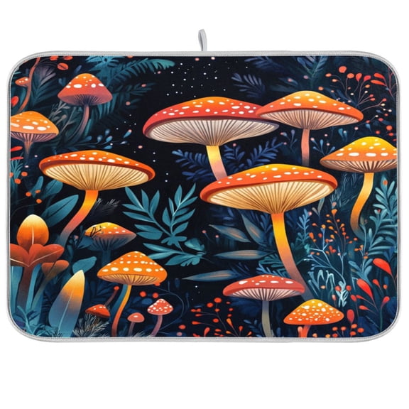 Dish Drying Mat for Kitchen Counter | Reversible, Super Absorbent & Hanging | 16x18 / 18x24 Inch (S/M),Mushrooms
