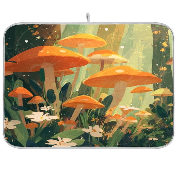 Dish Drying Mat for Kitchen Counter | Reversible, Super Absorbent & Hanging | 16x18 / 18x24 Inch (S/M),Mushrooms