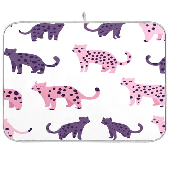 Dish Drying Mat for Kitchen Counter | Reversible, Super Absorbent & Hanging | 16x18 / 18x24 Inch (S/M),Pink Leopard