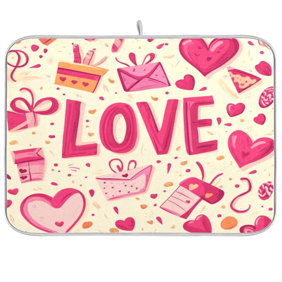 Dish Drying Mat for Kitchen Counter | Reversible, Super Absorbent & Hanging | 16x18 / 18x24 Inch (S/M),Pink and Red Valentine