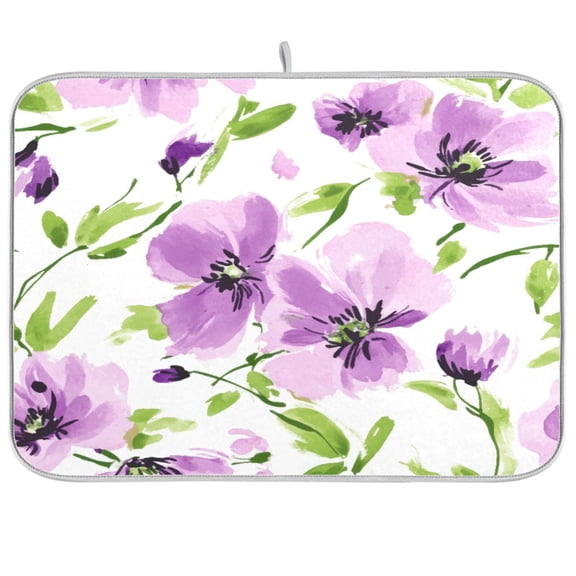 Dish Drying Mat for Kitchen Counter | Reversible, Super Absorbent & Hanging | 16x18 / 18x24 Inch (S/M),Purple Flowers