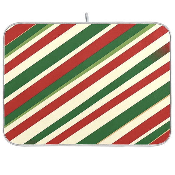 Dish Drying Mat for Kitchen Counter | Reversible, Super Absorbent & Hanging | 16x18 / 18x24 Inch (S/M),Red White and Green Stripes