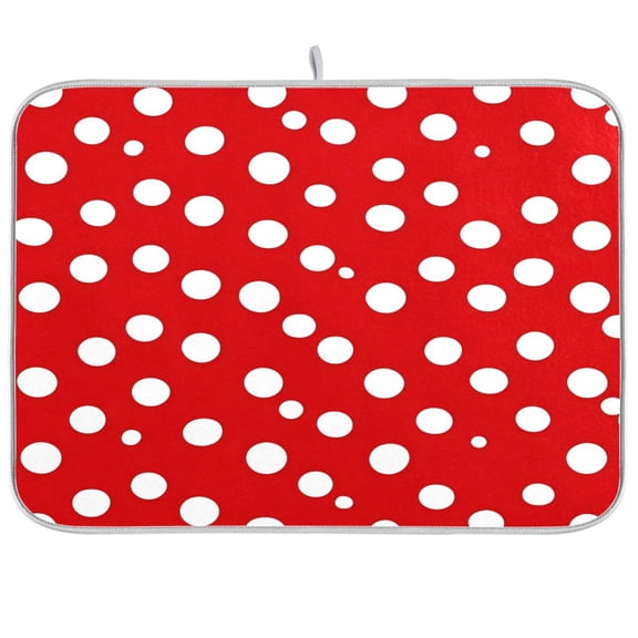 Dish Drying Mat for Kitchen Counter | Reversible, Super Absorbent & Hanging | 16x18 / 18x24 Inch (S/M),Red and White Polka Dot