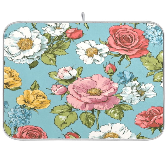 Dish Drying Mat for Kitchen Counter | Reversible, Super Absorbent & Hanging | 16x18 / 18x24 Inch (S/M),Retro Flowers and Roses