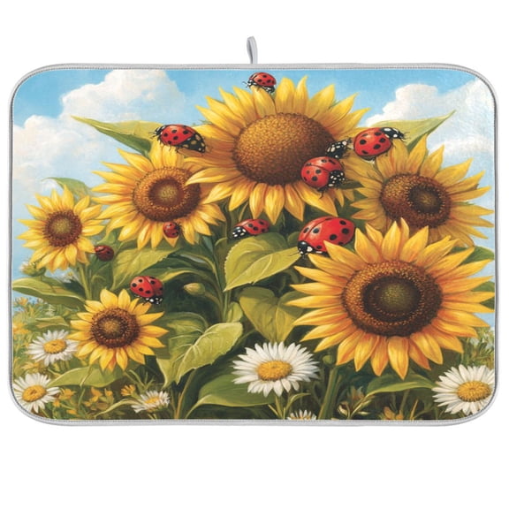 Dish Drying Mat for Kitchen Counter | Reversible, Super Absorbent & Hanging | 16x18 / 18x24 Inch (S/M)，Several Sunflower
