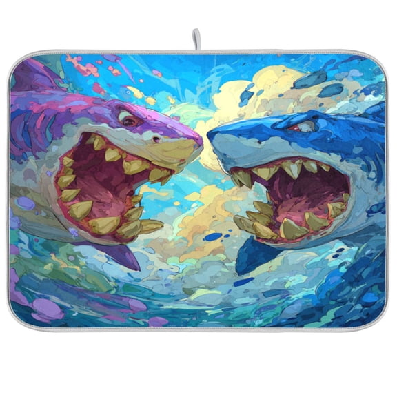 Dish Drying Mat for Kitchen Counter | Reversible, Super Absorbent & Hanging | 16x18 / 18x24 Inch (S/M)，Sharks