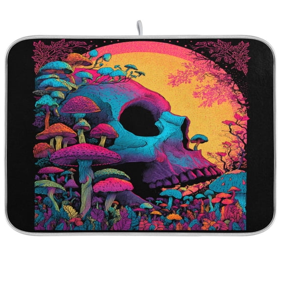 Dish Drying Mat for Kitchen Counter | Reversible, Super Absorbent & Hanging | 16x18 / 18x24 Inch (S/M)，Skull with Mushrooms