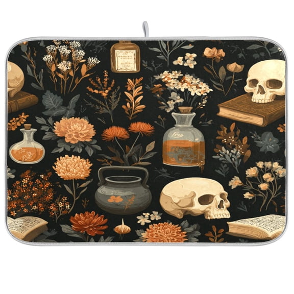 Dish Drying Mat for Kitchen Counter | Reversible, Super Absorbent & Hanging | 16x18 / 18x24 Inch (S/M),Skulls