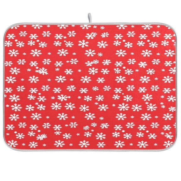 Dish Drying Mat for Kitchen Counter | Reversible, Super Absorbent & Hanging | 16x18 / 18x24 Inch (S/M),Snowflakes on A Red Background